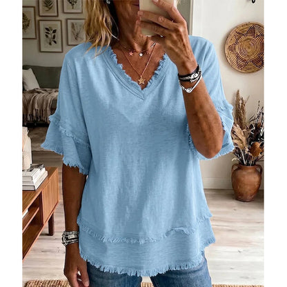 💖Dam Boho V-ringad T-shirt med fransade kanter 🌿 – Lös passform, andningsbar sommartopp i mjuk bomull👚