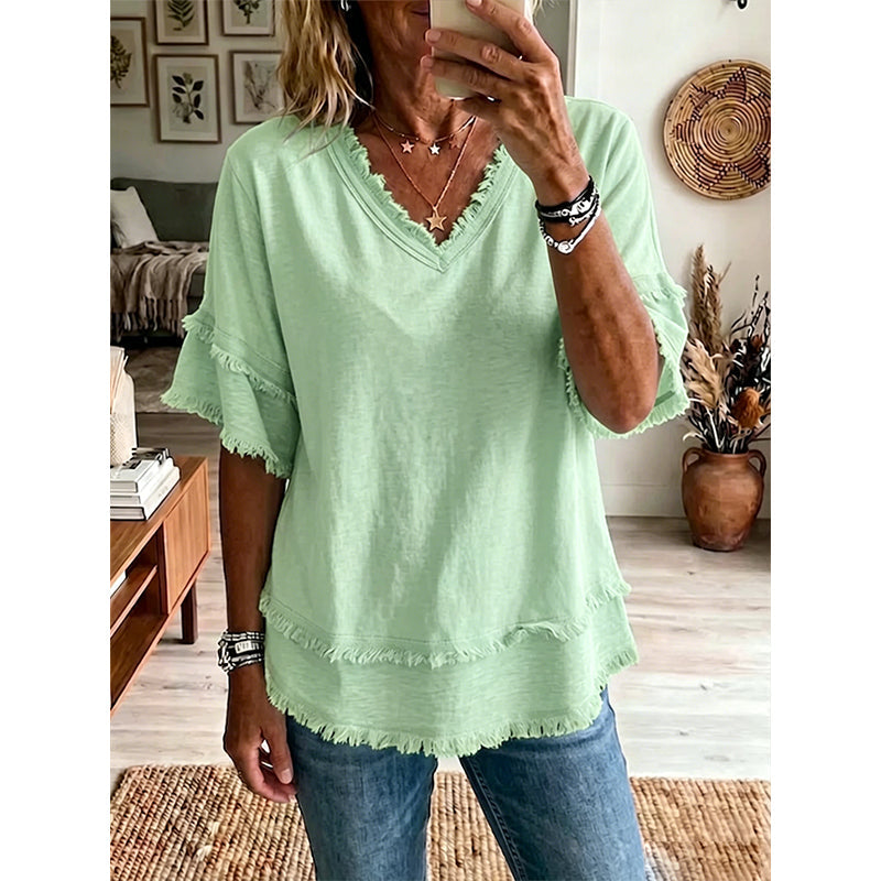 💖Dam Boho V-ringad T-shirt med fransade kanter 🌿 – Lös passform, andningsbar sommartopp i mjuk bomull👚
