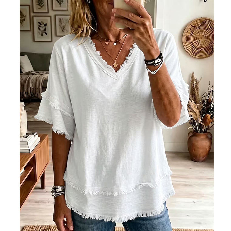 💖Dam Boho V-ringad T-shirt med fransade kanter 🌿 – Lös passform, andningsbar sommartopp i mjuk bomull👚