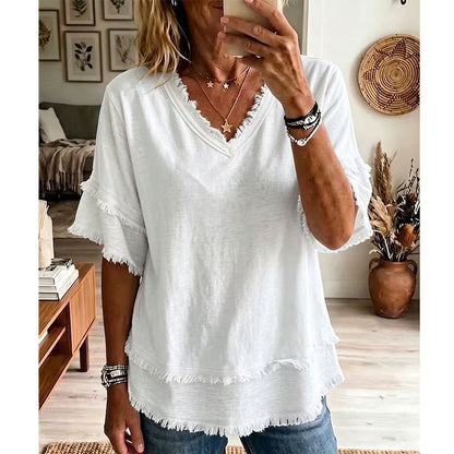 💖Dam Boho V-ringad T-shirt med fransade kanter 🌿 – Lös passform, andningsbar sommartopp i mjuk bomull👚