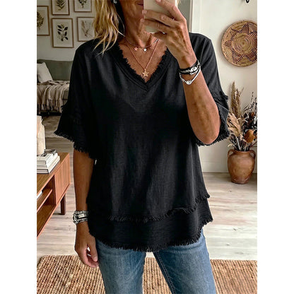💖Dam Boho V-ringad T-shirt med fransade kanter 🌿 – Lös passform, andningsbar sommartopp i mjuk bomull👚