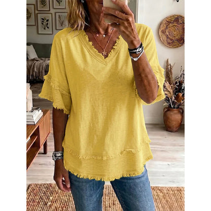 💖Dam Boho V-ringad T-shirt med fransade kanter 🌿 – Lös passform, andningsbar sommartopp i mjuk bomull👚