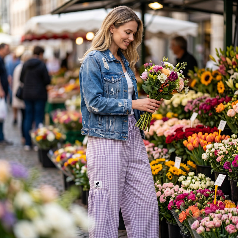 Sommarbyxor med lös passform i gingham-modell för kvinnor