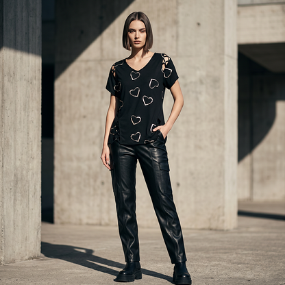 🛍️✨3% rabattkod: NOR3 – Oversized dam-T-shirt med hjärtmönster och snörningsdetaljer – avslappnad stil, andas bra och mångsidig för vardagen ❤️
