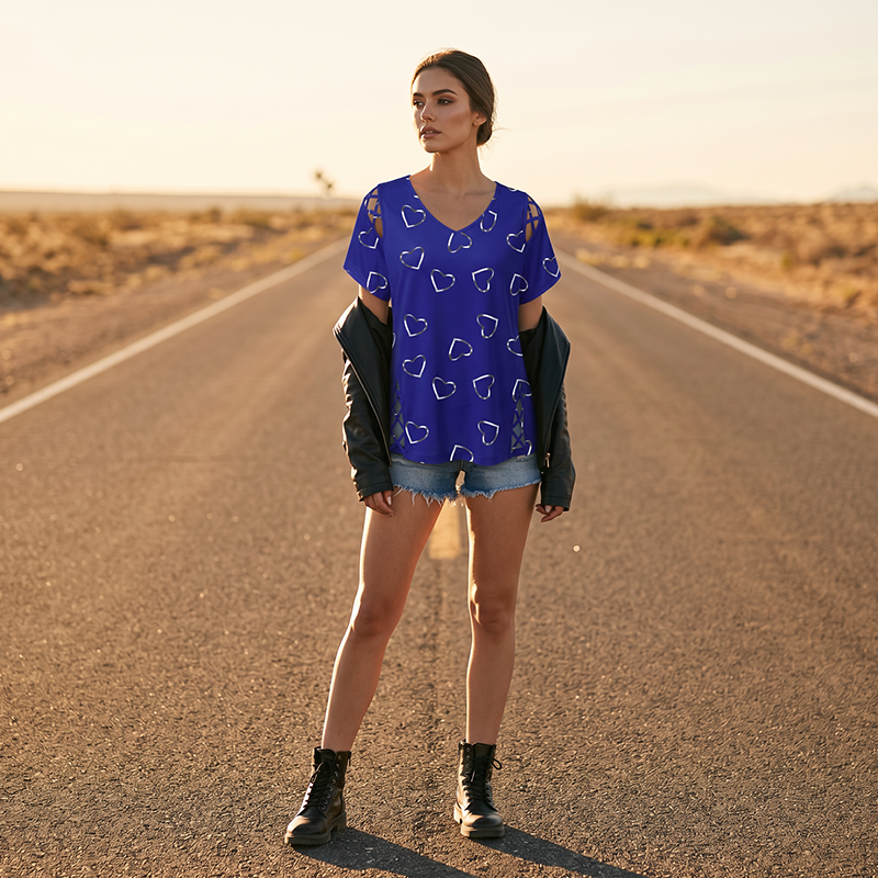 🛍️✨3% rabattkod: NOR3 – Oversized dam-T-shirt med hjärtmönster och snörningsdetaljer – avslappnad stil, andas bra och mångsidig för vardagen ❤️