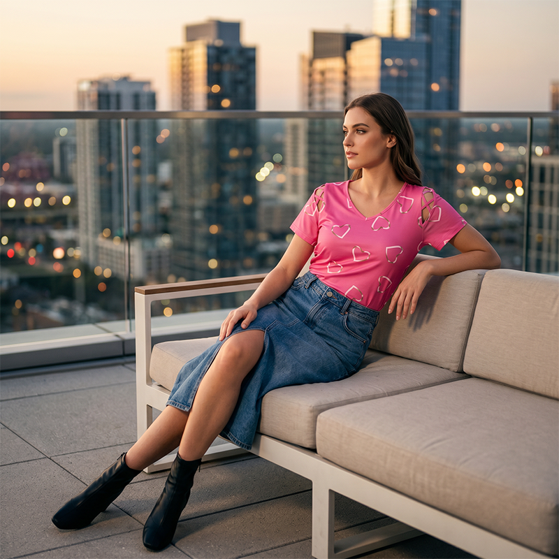 🛍️✨3% rabattkod: NOR3 – Oversized dam-T-shirt med hjärtmönster och snörningsdetaljer – avslappnad stil, andas bra och mångsidig för vardagen ❤️