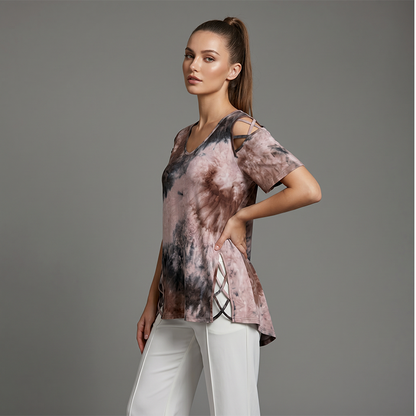 🛍️✨3% rabattkod: NOR3 – Oversized dam-T-shirt med hjärtmönster och snörningsdetaljer – avslappnad stil, andas bra och mångsidig för vardagen ❤️