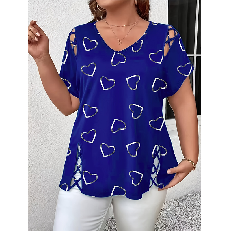 🛍️✨3% rabattkod: NOR3 – Oversized dam-T-shirt med hjärtmönster och snörningsdetaljer – avslappnad stil, andas bra och mångsidig för vardagen ❤️