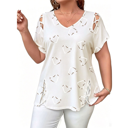 🛍️✨3% rabattkod: NOR3 – Oversized dam-T-shirt med hjärtmönster och snörningsdetaljer – avslappnad stil, andas bra och mångsidig för vardagen ❤️
