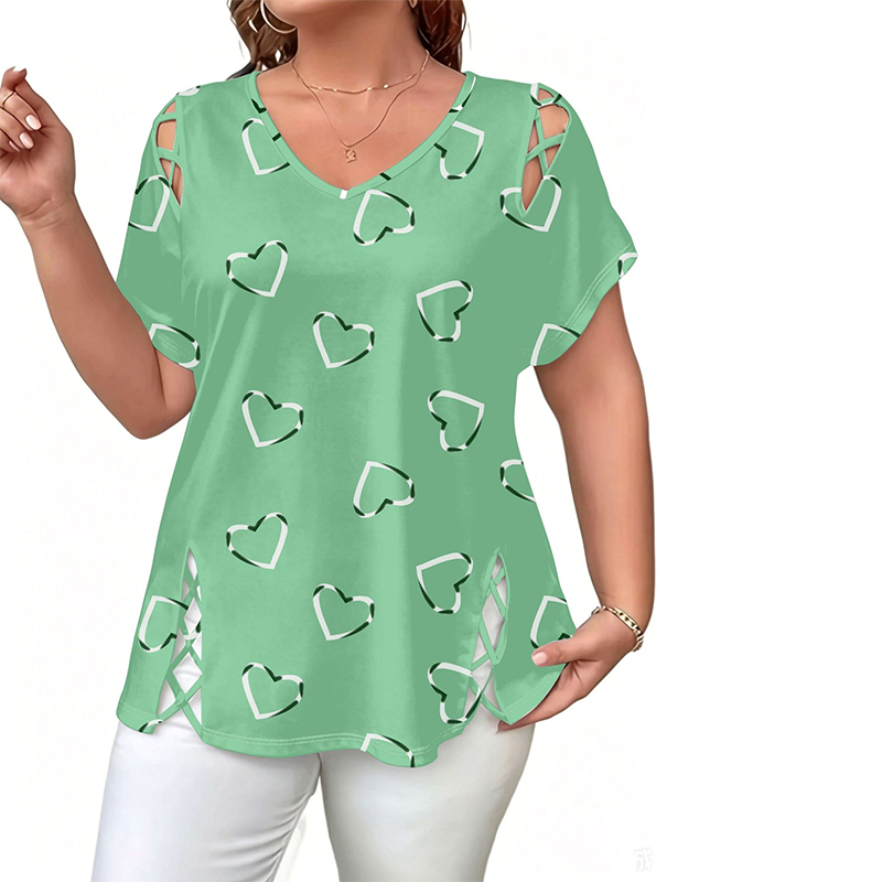 🛍️✨3% rabattkod: NOR3 – Oversized dam-T-shirt med hjärtmönster och snörningsdetaljer – avslappnad stil, andas bra och mångsidig för vardagen ❤️