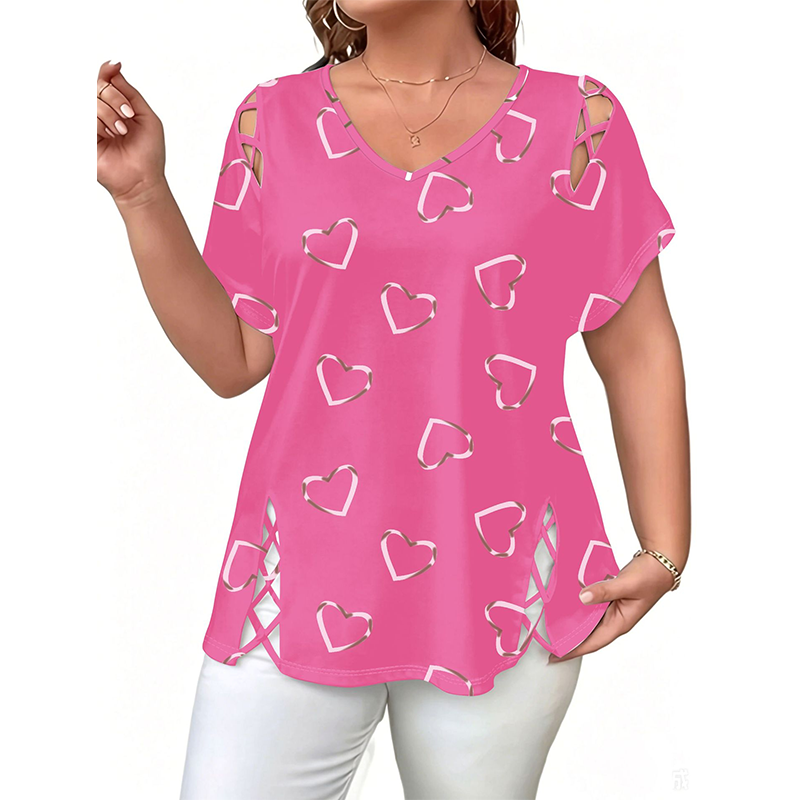 🛍️✨3% rabattkod: NOR3 – Oversized dam-T-shirt med hjärtmönster och snörningsdetaljer – avslappnad stil, andas bra och mångsidig för vardagen ❤️