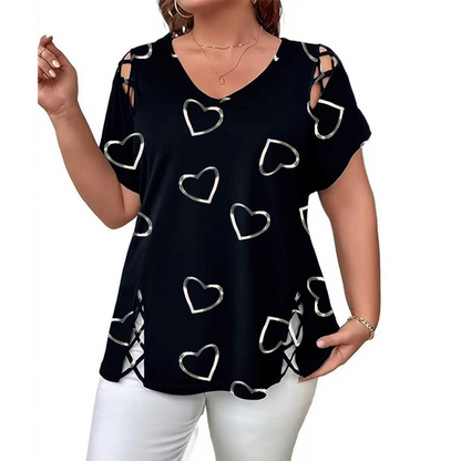 🛍️✨3% rabattkod: NOR3 – Oversized dam-T-shirt med hjärtmönster och snörningsdetaljer – avslappnad stil, andas bra och mångsidig för vardagen ❤️