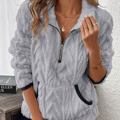 Halvzipad fuzzy-sweatshirt 🍂 | Molnmjuk + rymliga fickor – Bekväm vardag/lounge✨Köp valfria 2 och få extra 8% rabatt