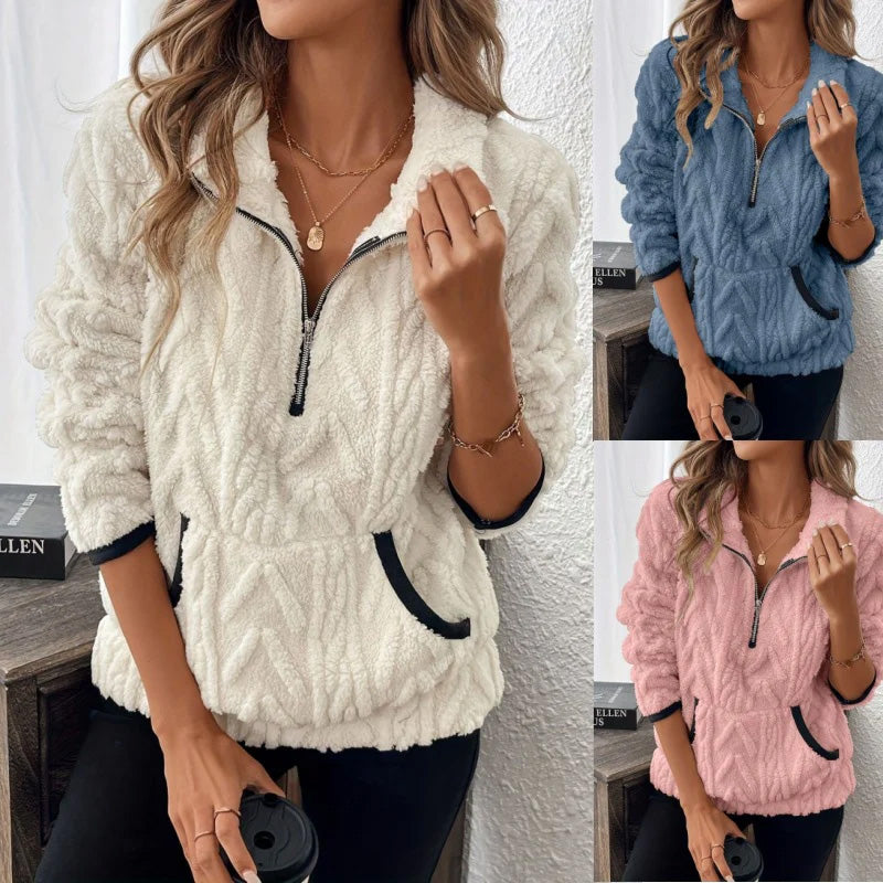 Halvzipad fuzzy-sweatshirt 🍂 | Molnmjuk + rymliga fickor – Bekväm vardag/lounge✨Köp valfria 2 och få extra 8% rabatt