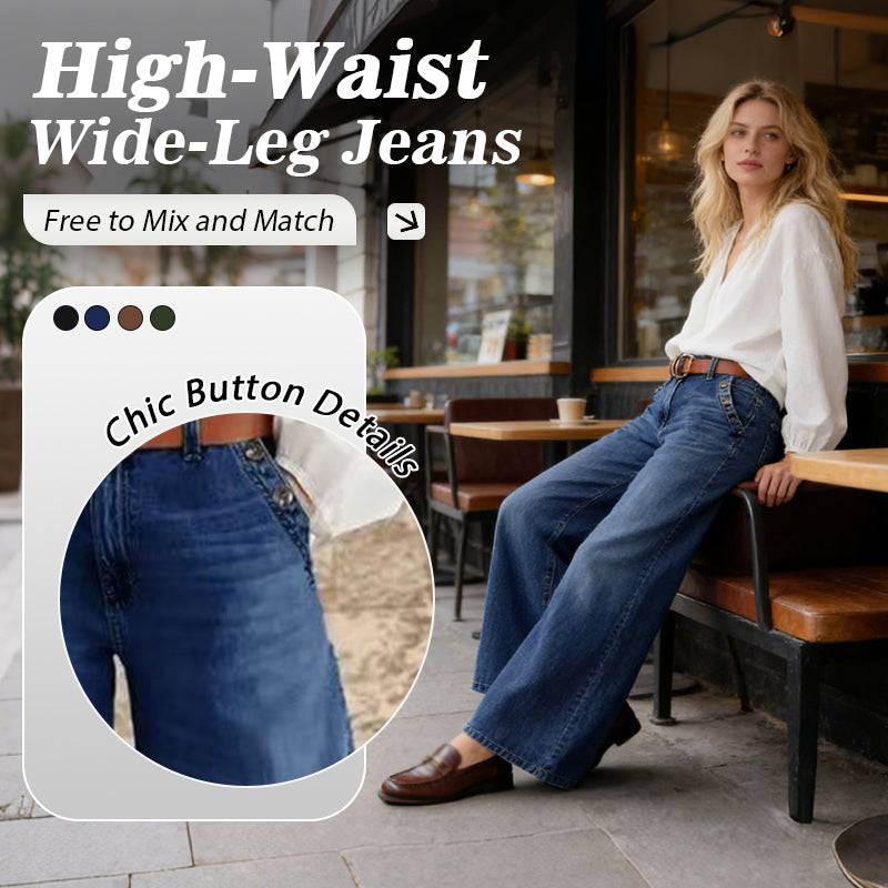 Högmidjade vida jeans med knappdetalj✨Fri frakt