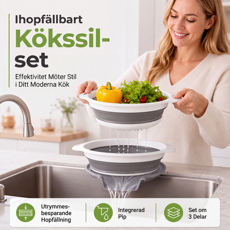 📢📢3% rabattkod: NOR3 ⏰ 3-delat ihopfällbart durkslagsset med avrinningsbas – utrymmesbesparande kökssilar för frukt, pasta och grönsaker