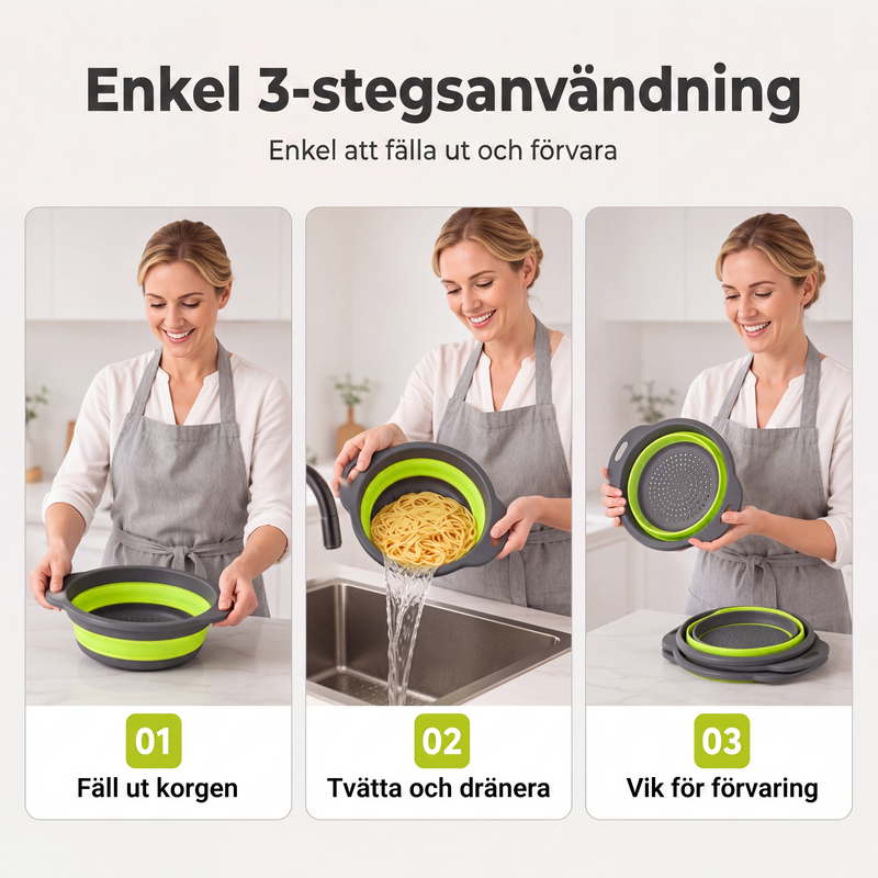 📢📢3% rabattkod: NOR3 ⏰ 3-delat ihopfällbart durkslagsset med avrinningsbas – utrymmesbesparande kökssilar för frukt, pasta och grönsaker