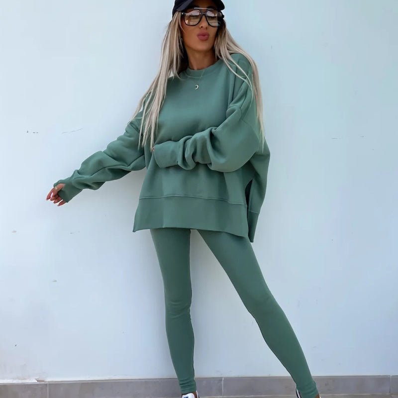 Långärmad tryckt sweatshirt och leggings för dam, 2-delat set