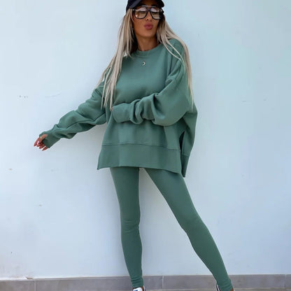 Långärmad tryckt sweatshirt och leggings för dam, 2-delat set