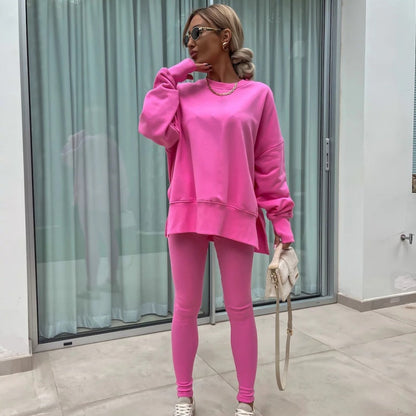 Långärmad tryckt sweatshirt och leggings för dam, 2-delat set
