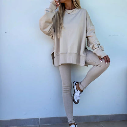 Långärmad tryckt sweatshirt och leggings för dam, 2-delat set