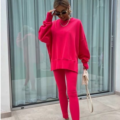 Långärmad tryckt sweatshirt och leggings för dam, 2-delat set