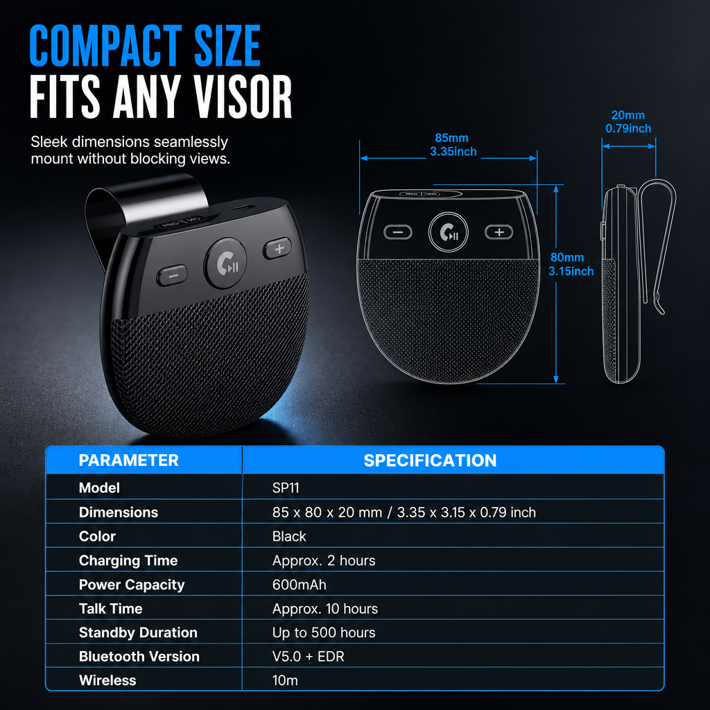 🚗52% RABATT NU! SP11 Bluetooth-handsfree-högtalartelefon för solskydd i bil, automatisk påslagning via vibration, A2DP-musikströmning, röstprompt för nummerpresentation, Bluetooth 5.0-högtalare för solskyddsmontering för säkra samtal under körning