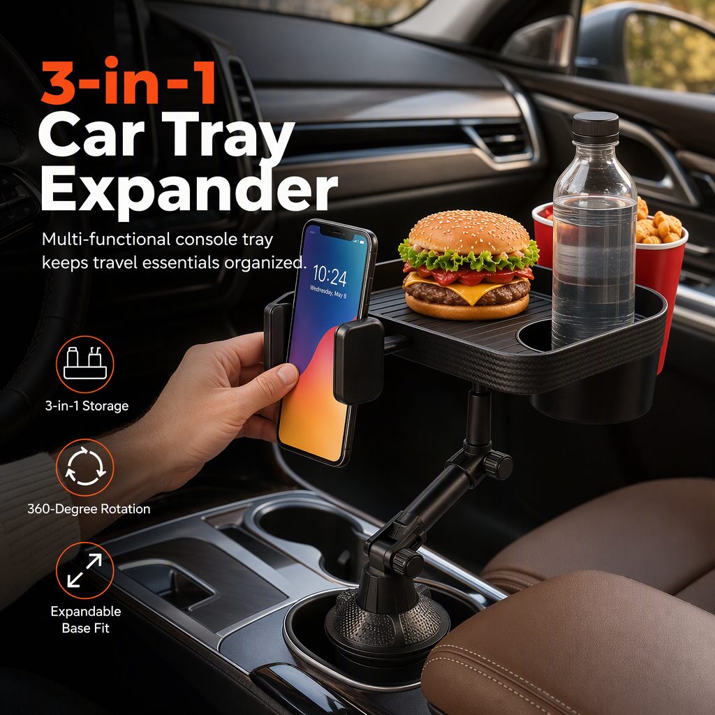 ⏳Tidsbegränsat 50 % rabatt⏰3-i-1 multifunktionell telefonhållare för bilens mugghållare med bricka och förvaringsorganisatör🚗📱🥤🍔