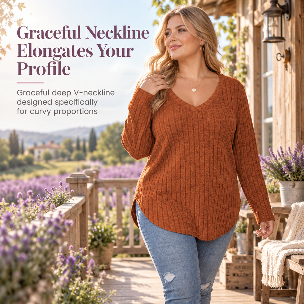 Dam Plus Size V-ringad långärmad ribbad borstad T-shirt lös passform enfärgad pullover-topp✨3% rabattkod: NOR3