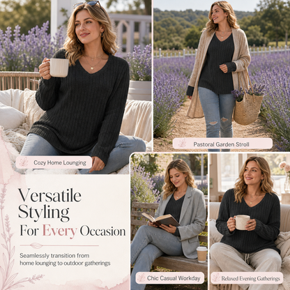Dam Plus Size V-ringad långärmad ribbad borstad T-shirt lös passform enfärgad pullover-topp✨3% rabattkod: NOR3