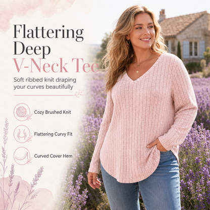 Dam Plus Size V-ringad långärmad ribbad borstad T-shirt lös passform enfärgad pullover-topp✨3% rabattkod: NOR3