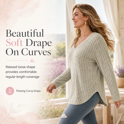 Dam Plus Size V-ringad långärmad ribbad borstad T-shirt lös passform enfärgad pullover-topp✨3% rabattkod: NOR3
