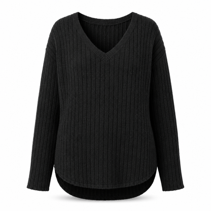 Dam Plus Size V-ringad långärmad ribbad borstad T-shirt lös passform enfärgad pullover-topp✨3% rabattkod: NOR3