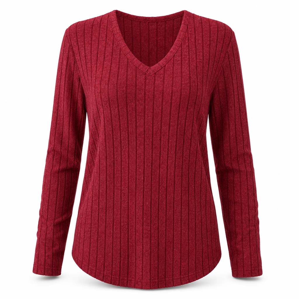 Dam Plus Size V-ringad långärmad ribbad borstad T-shirt lös passform enfärgad pullover-topp✨3% rabattkod: NOR3