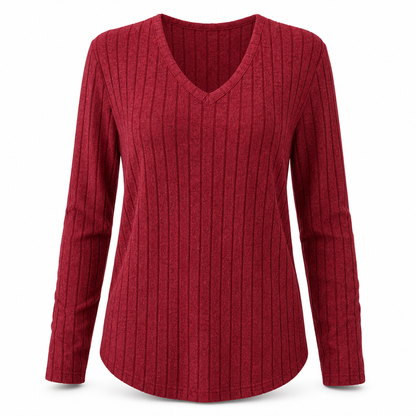 Dam Plus Size V-ringad långärmad ribbad borstad T-shirt lös passform enfärgad pullover-topp✨3% rabattkod: NOR3