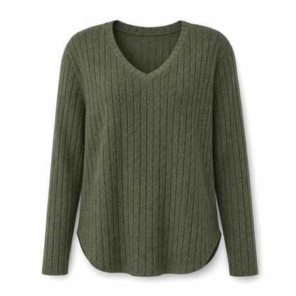 Dam Plus Size V-ringad långärmad ribbad borstad T-shirt lös passform enfärgad pullover-topp✨3% rabattkod: NOR3