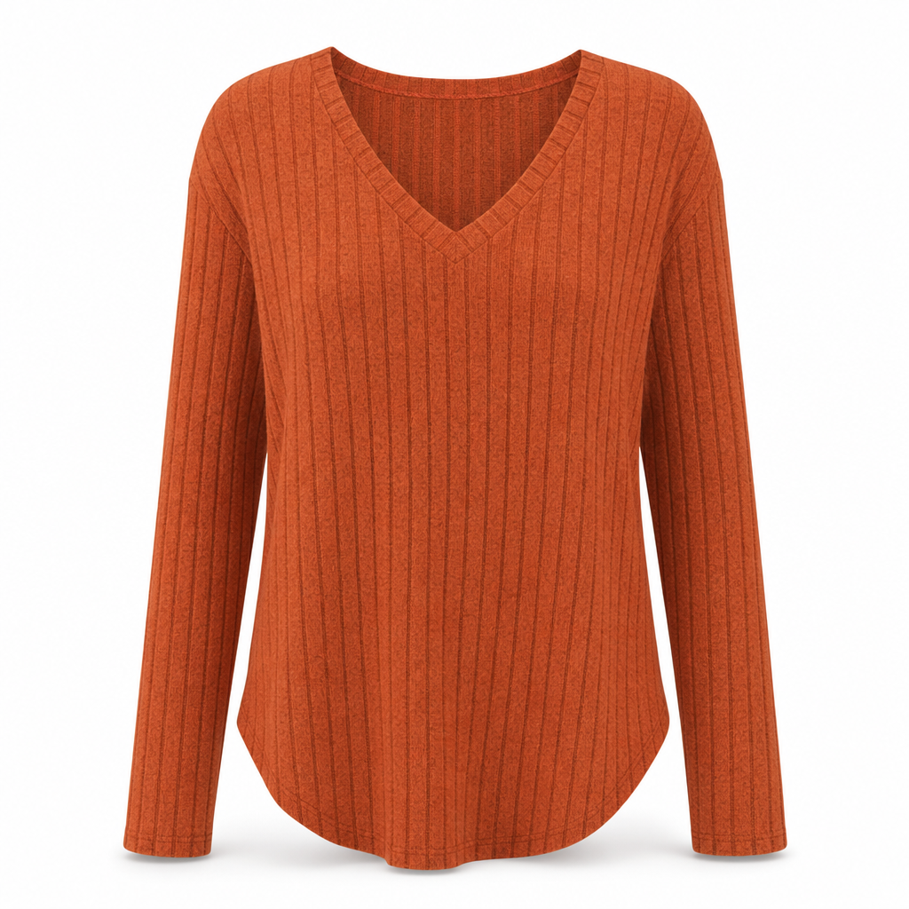 Dam Plus Size V-ringad långärmad ribbad borstad T-shirt lös passform enfärgad pullover-topp✨3% rabattkod: NOR3