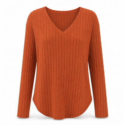 Dam Plus Size V-ringad långärmad ribbad borstad T-shirt lös passform enfärgad pullover-topp✨3% rabattkod: NOR3