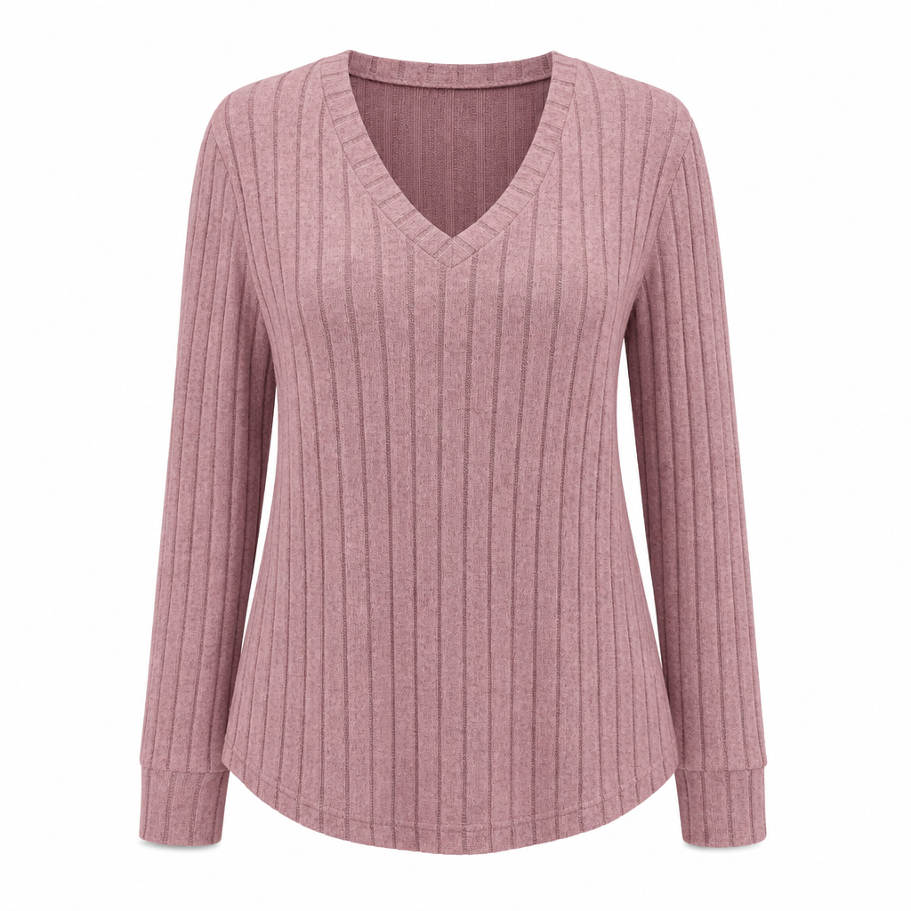 Dam Plus Size V-ringad långärmad ribbad borstad T-shirt lös passform enfärgad pullover-topp✨3% rabattkod: NOR3