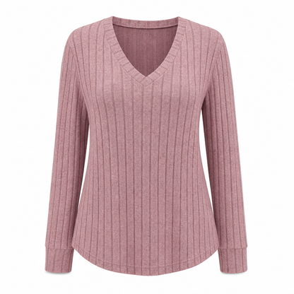 Dam Plus Size V-ringad långärmad ribbad borstad T-shirt lös passform enfärgad pullover-topp✨3% rabattkod: NOR3