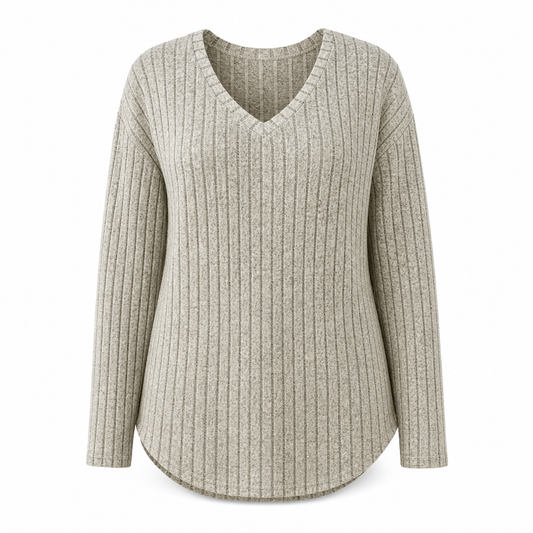 Dam Plus Size V-ringad långärmad ribbad borstad T-shirt lös passform enfärgad pullover-topp✨3% rabattkod: NOR3