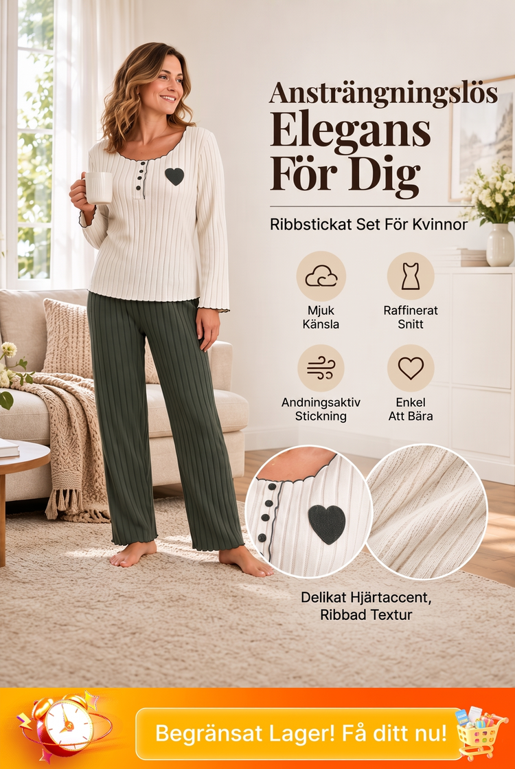 📢🎉50 % rabatt!!!🛍️✨Pyjamas-set med ribbad tröja för damer med hjärtbroderi✨3% rabattkod: NOR3