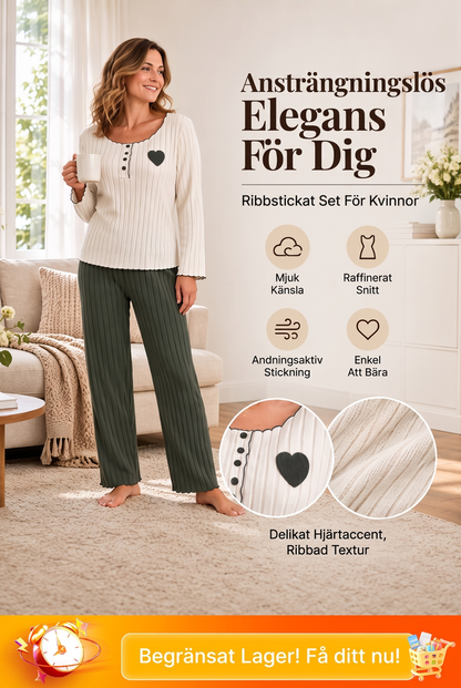 📢🎉50 % rabatt!!!🛍️✨Pyjamas-set med ribbad tröja för damer med hjärtbroderi✨3% rabattkod: NOR3