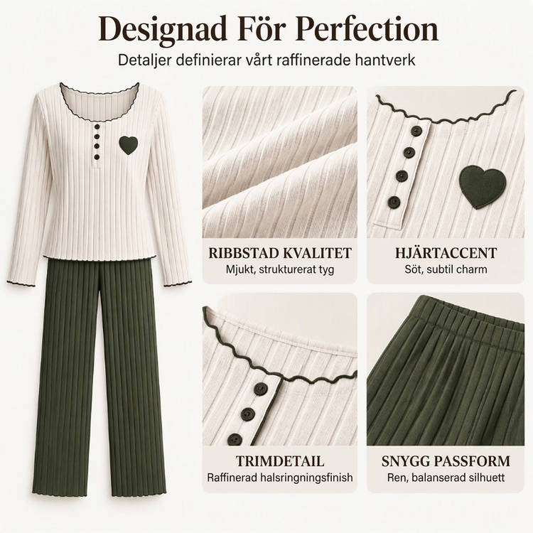 📢🎉50 % rabatt!!!🛍️✨Pyjamas-set med ribbad tröja för damer med hjärtbroderi✨3% rabattkod: NOR3