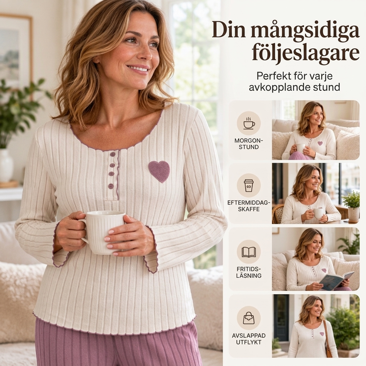 📢🎉50 % rabatt!!!🛍️✨Pyjamas-set med ribbad tröja för damer med hjärtbroderi✨3% rabattkod: NOR3