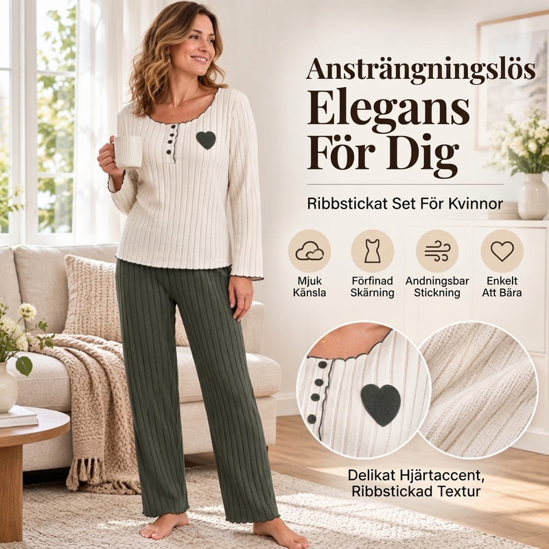 📢🎉50 % rabatt!!!🛍️✨Pyjamas-set med ribbad tröja för damer med hjärtbroderi✨3% rabattkod: NOR3