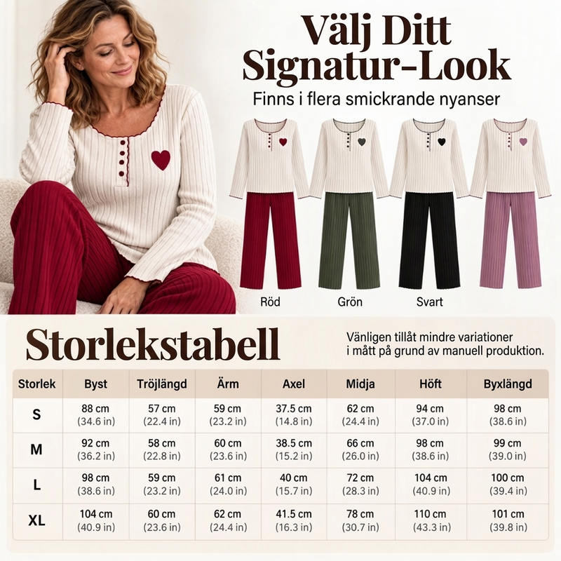 📢🎉50 % rabatt!!!🛍️✨Pyjamas-set med ribbad tröja för damer med hjärtbroderi✨3% rabattkod: NOR3