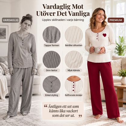 📢🎉50 % rabatt!!!🛍️✨Pyjamas-set med ribbad tröja för damer med hjärtbroderi✨3% rabattkod: NOR3