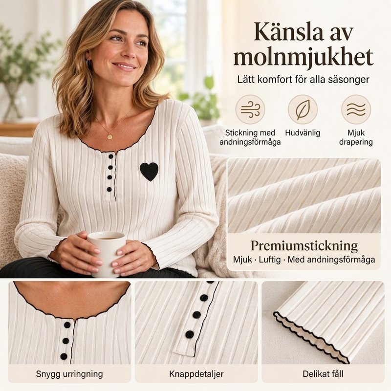 📢🎉50 % rabatt!!!🛍️✨Pyjamas-set med ribbad tröja för damer med hjärtbroderi✨3% rabattkod: NOR3
