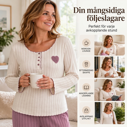 📢🎉50 % rabatt!!!🛍️✨Pyjamas-set med ribbad tröja för damer med hjärtbroderi✨3% rabattkod: NOR3
